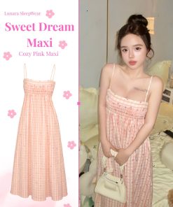Váy Ngủ Maxi Hồng Caro 2 Dây Dễ Thương, Mềm Mát Cho Mùa Hè | Lunara